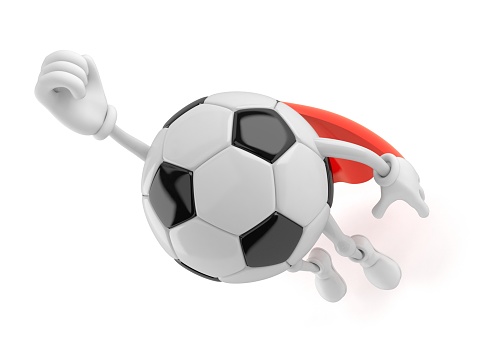 Soccer ball character flying with hero cape isolated on white background. 3d illustration