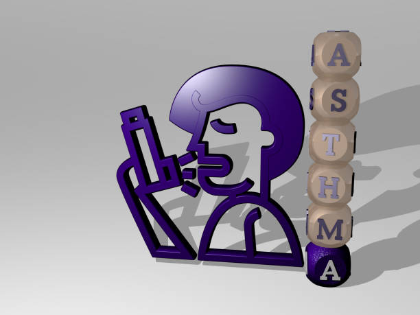 3D representation of asthma with icon on the wall and text arranged by metallic cubic letters on a mirror floor for concept meaning and slideshow presentation. allergy and illustration