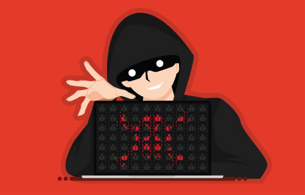 Hacker anonymous distribute bugs and viruses on laptop after attack. Design by red skull with malware bug a computer virus inside on binary code background. Security technology, Cyber attack concept. Vector illustration Hacker anonymous distribute bugs and viruses on laptop after attack. Design by red skull with malware bug a computer virus inside on binary code background. Security technology, Cyber attack concept. Vector illustration. agent nasty stock illustrations