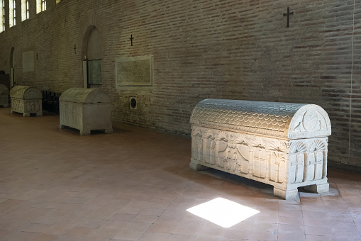 The funeral sarcophagi inside the Basilica of Sant'Apollinare in Classe in Ravenna, Italy