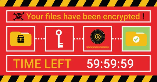 Vector illustration of Computer infected by malware ransomware wannacry virus. Cyber attack concept. Hacker encrypted computer folders, files and threatening Bitcoin money payment to unlock. Vector illustration