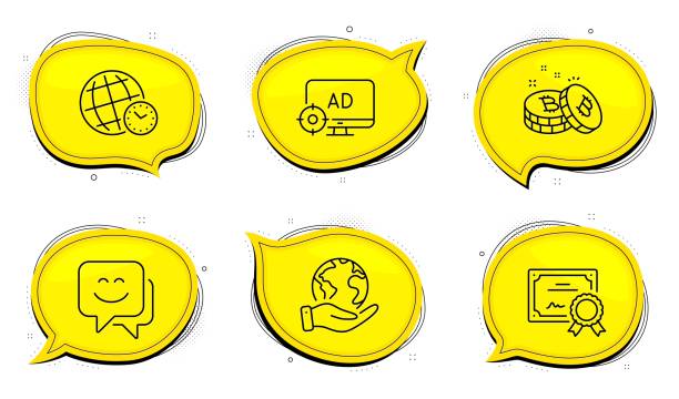 istock Seo adblock, Bitcoin and Smile face icons set. Time zone sign. Search engine, Cryptocurrency coin, Chat. Vector 1262418717