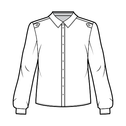 Classic military style shirt technical fashion illustration with buttoned placket, shoulder epaulettes, long sleeves. Flat blouse apparel template front white color. Women, men unisex top CAD mockup