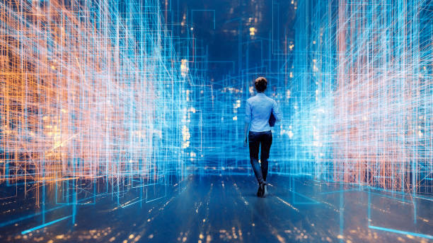istock Young businesswoman walking, VR environment 1262418949