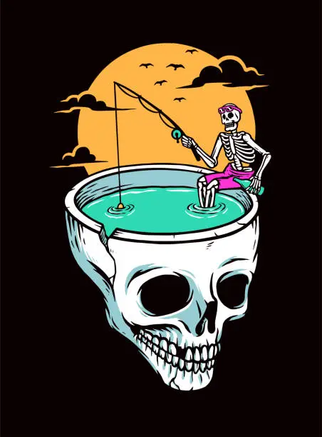 Vector illustration of fishing in a scary skull pool vector illustration
