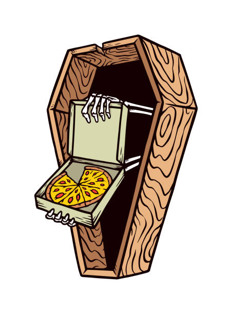 ilustraciones, imágenes clip art, dibujos animados e iconos de stock de el cadáver sosteniendo la pizza fuera de la ilustración vectorial ataúd - skull holding spooky horror