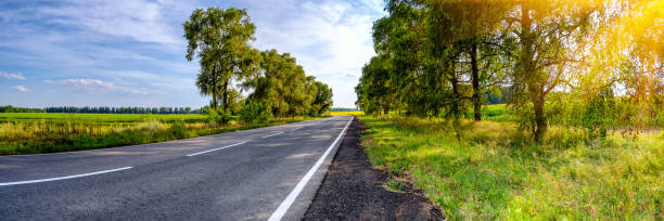 istock Empty asphalt road in countryside and fields at blue sky background 1262432550