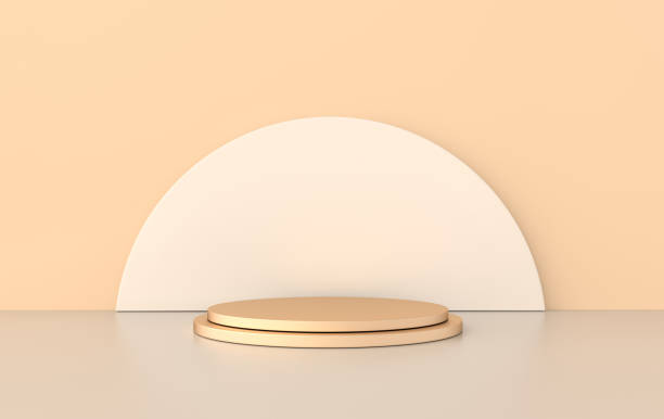 3d rendered studio with geometric shapes, podium on the floor. Platforms for product presentation, mock up background. Abstract composition in minimal design, pastel and gold colors
