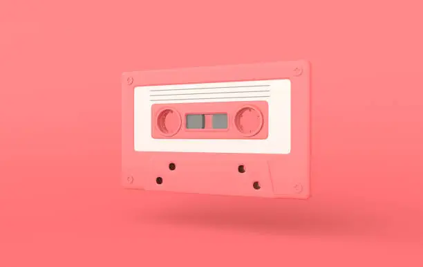 Photo of Retro audio cassette 3d render. 70s, 80s, 90s years popular audio tape. Music minimalism concept, pastel colors