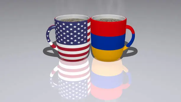 Relationship of UNITED-STATES-OF-AMERICA ARMENIA presented by their national flags on cups of tea or coffee as editorial or commercial picture