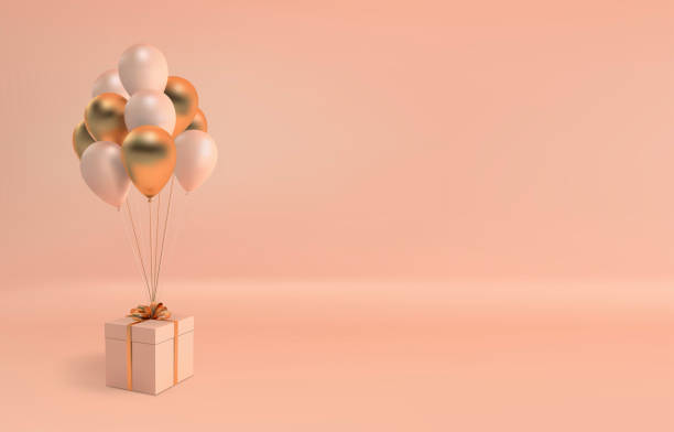 istock Vector illustration of realistic balloons and gift box with bow on beige background. Empty space for party, promotion social media banners, posters. 1262434171