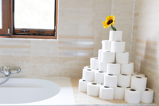 Pile of toilet paper balls. Sunflower flower placed on a pyramid of balls of toilet paper.