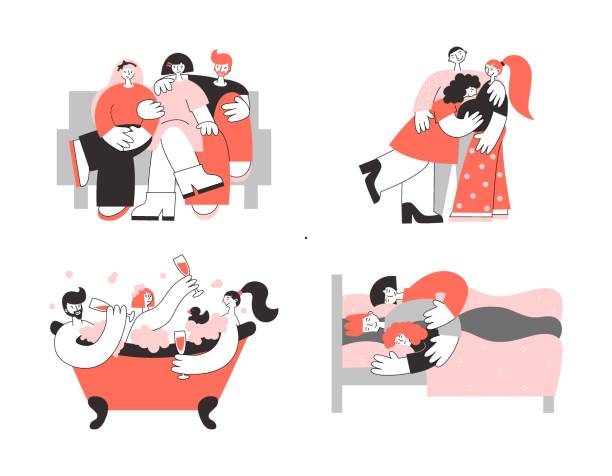 Polyamory concept flat vector illustration set. Polygamy family life. LGBT polyamorous relationship. Scenes from life of a polyamorous polygamy family. Open three people love relationship and romance. polygamy stock illustrations