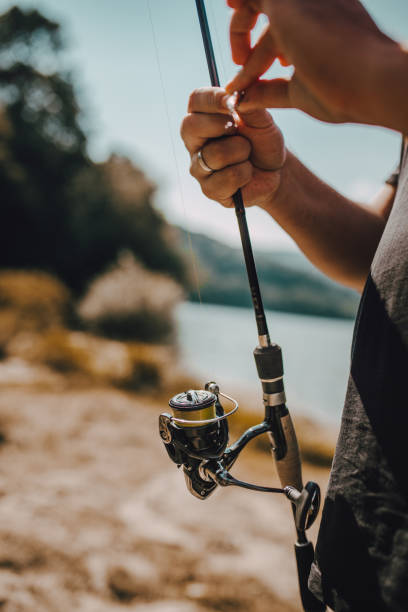 o pescador prepara o gancho - fishing fishing hook metal animal imitation - fotografias e filmes do acervo