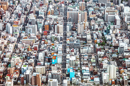 Aerial view overlooking the capital city of Seoul in South Korea and the Han River.