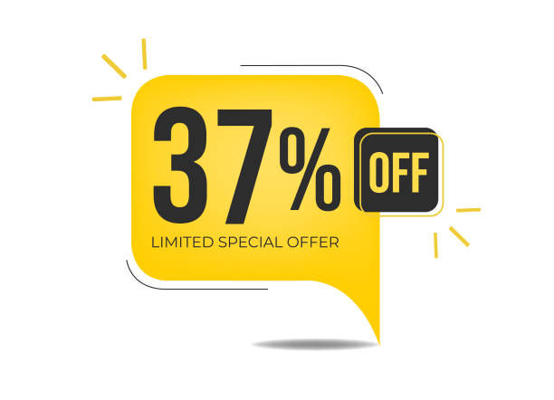 37% off limited special offer banner Banner with thirty-seven percent discount on a yellow square balloon. High Quality vector. number 37 illustrations stock illustrations