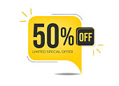 Banner with fifty percent discount on a yellow square balloon.