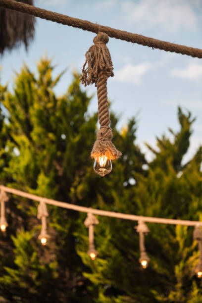 istock Decorative garden lighting design made with bulbs and thick rope 1262453693