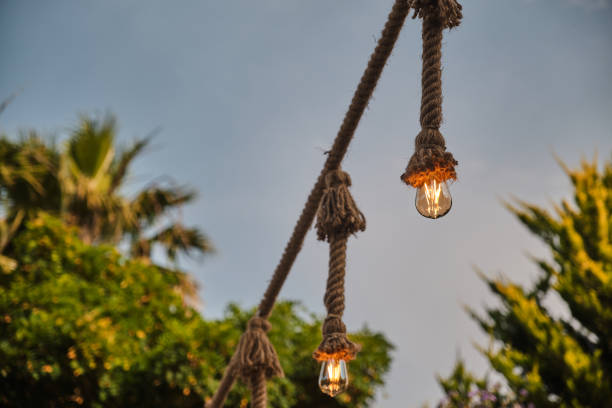 istock Decorative garden lighting design made with bulbs and thick rope 1262454729