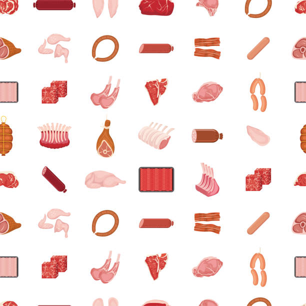 illustrazioni stock, clip art, cartoni animati e icone di tendenza di modello senza cuciture di carne - steak meat raw beef