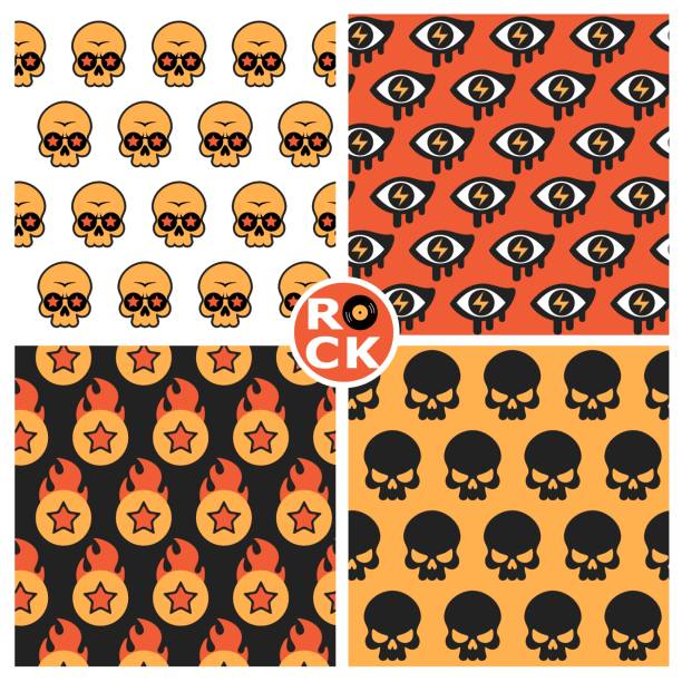 ilustrações de stock, clip art, desenhos animados e ícones de set of vector seamless rock patterns with skull , star and eyes - pop art skull backgrounds pattern