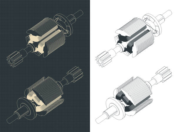 illustrazioni stock, clip art, cartoni animati e icone di tendenza di disegni isometrici del rotore del motore cc - blueprint electrical component engineer plan