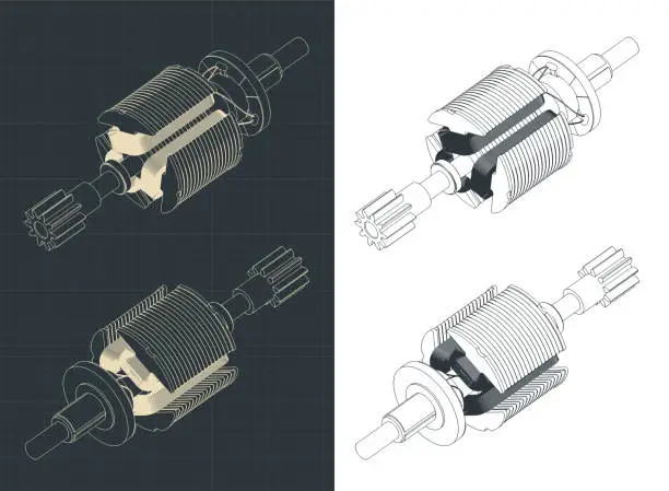 Vector illustration of DC motor rotor isometric drawings