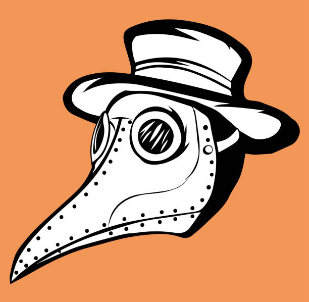 Plague doctor with a mask and hat Vector illustration of a plague doctor with a mask and hat. Black and white illustration isolated on an orange background. black plague doctor stock illustrations