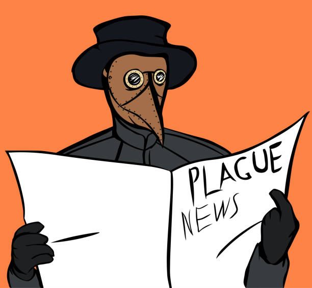 Plague doctor reading a newspaper Hand drawn vector illustration of a plague doctor with a mask and hat reading a newspaper. black plague doctor stock illustrations