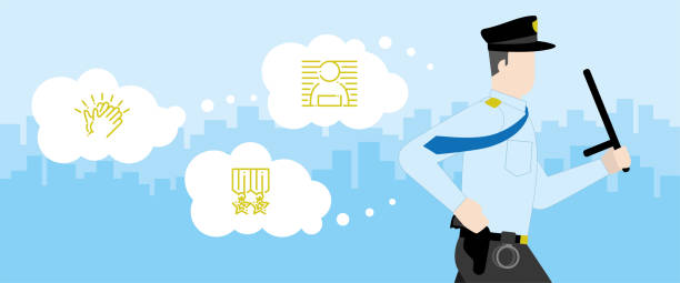 Enthusiastic concept. Police man is running with his weapon. Thinking of his responsibility and passion of occupation. Hurry up lifestyle in emergency hour. Meaning of life and target of working. Vector Illustration flat style design concept and idea job description stock illustrations