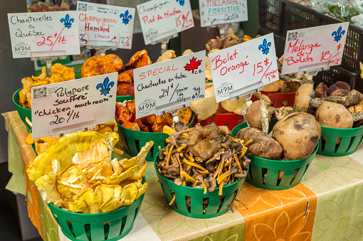 Montreal, CA - 10 September 2016: Assortment of wild mushrooms at the market