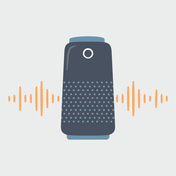 Smart speaker and soundwave. Home Personal voice assistant. Smart speaker and soundwave. Home Personal voice assistant. Hand drawn vector illustration cartoon robot images stock illustrations