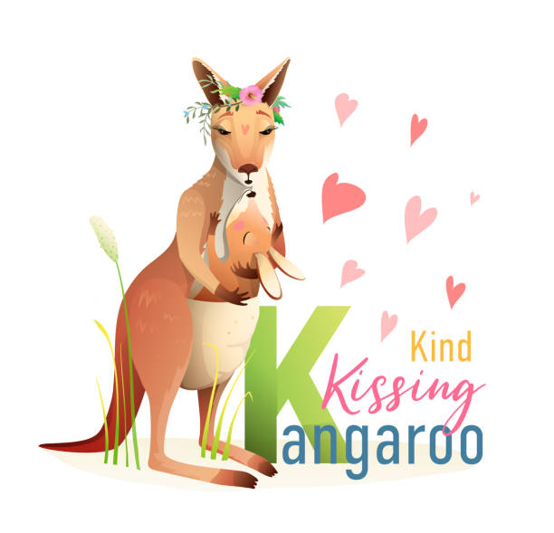 ilustraciones, imágenes clip art, dibujos animados e iconos de stock de animal abc carta k es para besar canguro - young animal mother kangaroo family