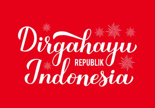 Vector illustration of Dirgahayu Republik Indonesia (Long Live Indonesia) lettering on red background. Indonesian Independence Day typography poster. Vector template for, banner, greeting card, flyer, etc