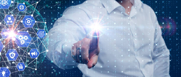 istock Business, Technology, Internet and network concept. Young businessman clicks on a virtual display. 1262492939