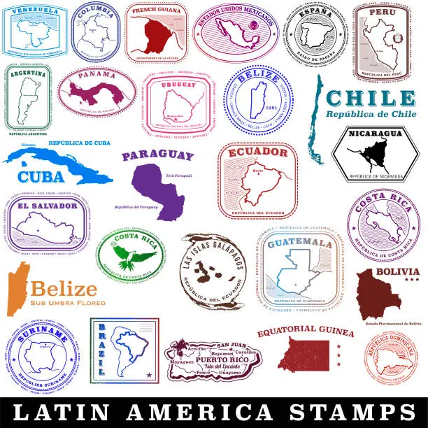 Vector illustration of Latin American and Spanish speaking travel stamps