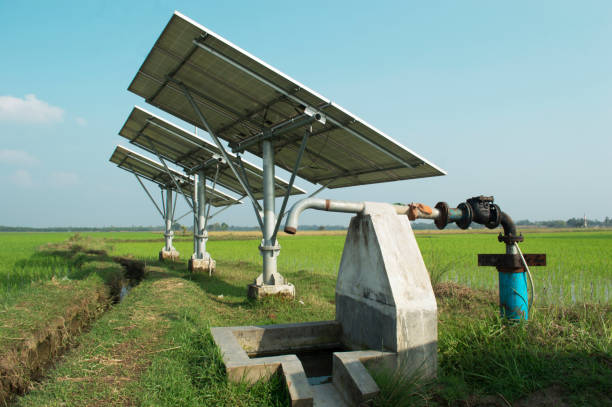 태양 전지 판넬은 농업 분야에서 물을 관개하기 위해 침수 물 펌프를 실행할 수있는 전기를 생산합니다. - solar energy 이미지 뉴스 사진 이미지