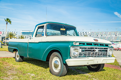 Daytona Beach, FL / USA - March 25, 2018: Restored 1964 Ford F100 Fleetside pickup truck at the Spring 2018 Daytona Turkey Run.