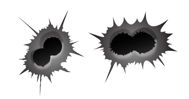 kula podwójna dziura na białym tle. zestaw podwójnego zrealizowanego metalowego otworu kulowego, efekt obrażeń. ilustracja wektorowa - bullet hole gun rifle bullet stock illustrations