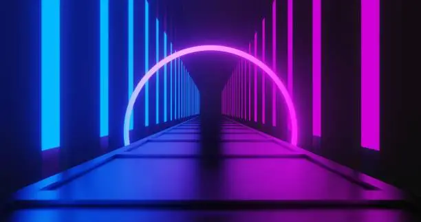 Photo of 3d render pink and blue neon background.