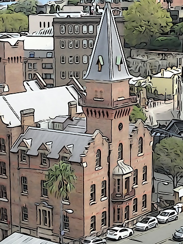 Old Steam Navigation building in The Rocks area of Sydney Harbour. In-camera line art effect used.
