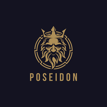 Poseidon nepture god vector illustration, tritont trident crown vector template on dark background