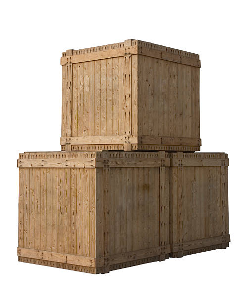 Large stacked wooden packing crates on white stock photo