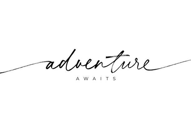 ilustrações de stock, clip art, desenhos animados e ícones de adventure awaits ink brush vector lettering. optimist phrase, hipster saying handwritten modern brush calligraphy. - adventure