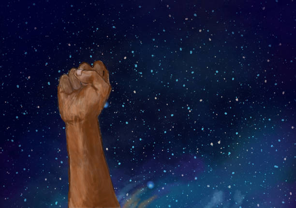 Raised fist against night sky. Social justice Protest, demonstration. Painting of Raised fist against night sky. Protest, demonstration, social justice. civil rights stock illustrations