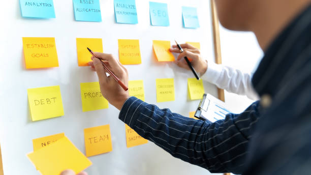 istock Team working in office putting sticky note on white board analyzing strategy of business. 1262564136