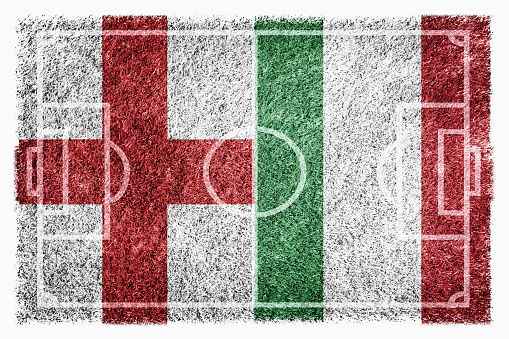 Flags of England and Italy on soccer field