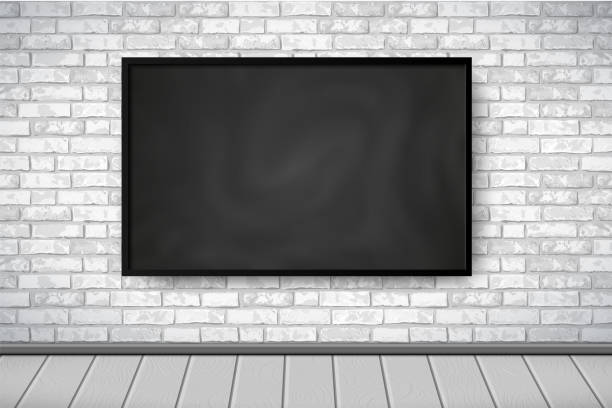 istock Flat Interior with empty black chalkboard on white brick wall, wooden gray floor. Trendy loft room scenery background, gallery exhibition interior. Vector Illustration for web, mockup, exposition 1262570399