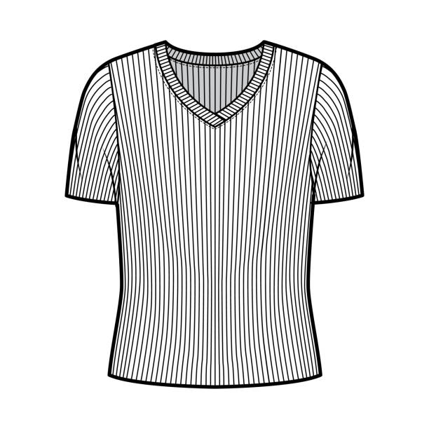 istock Ribbed V-neck knit sweater technical fashion illustration with short rib sleeves, oversized body 1262571129
