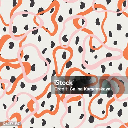 istock Abstract geometric seamless pattern for fabric and textile. Curved round shapes with spots. Outline drawn rings. Simple modern ornament. Basic shapes, simple rounded, smooth forms. Fashion design. 1262571147